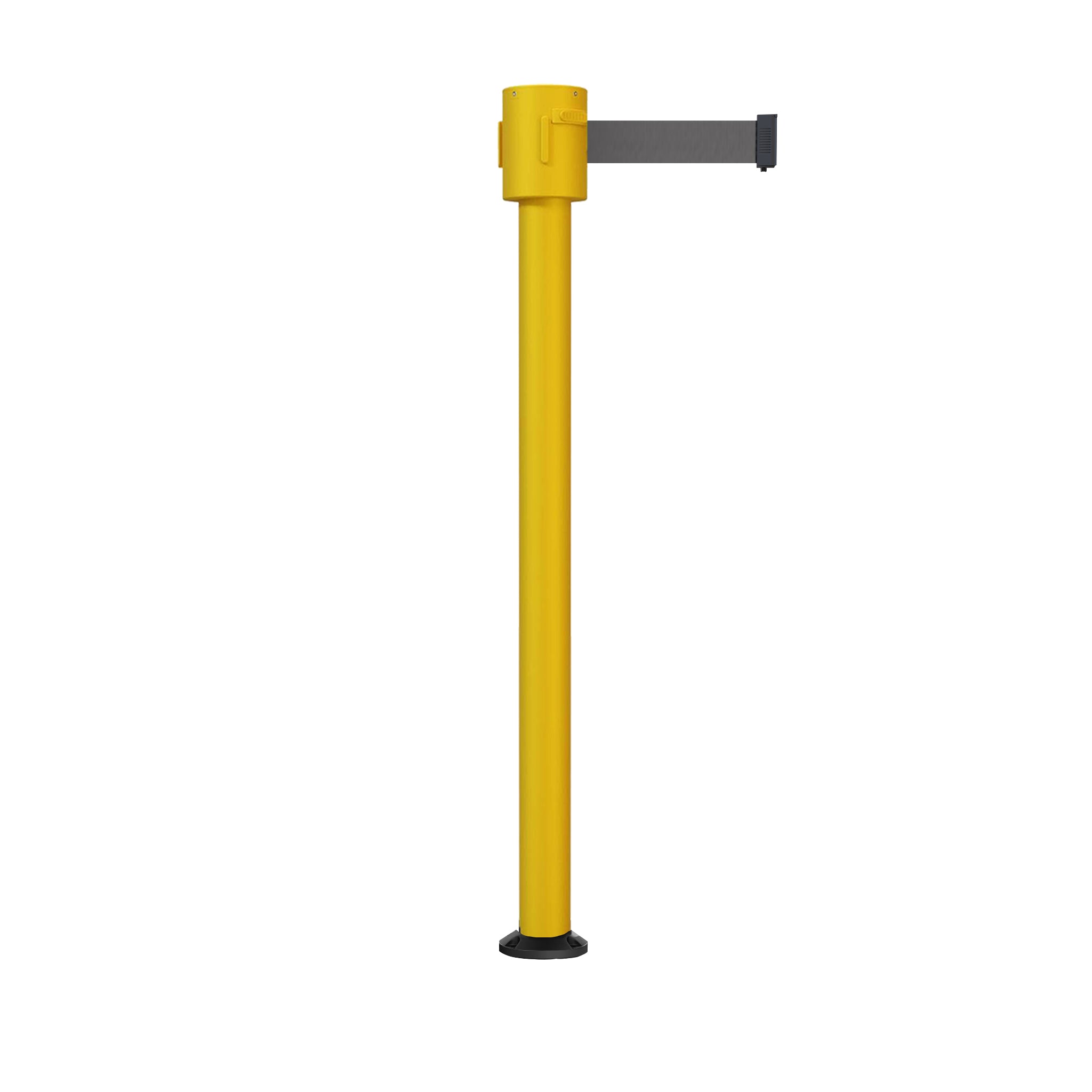 Retractable Belt Barrier Stanchion, Fixed Base, Yellow Post, 35 ft Belt - Montour Line MSX760F - Crowd Control Warehouse