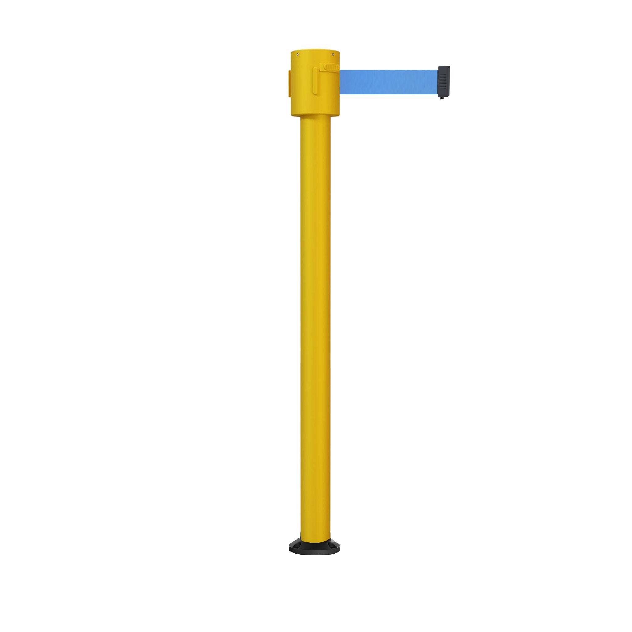 Retractable Belt Barrier Stanchion, Fixed Base, Yellow Post, 35 ft Belt - Montour Line MSX760F - Crowd Control Warehouse