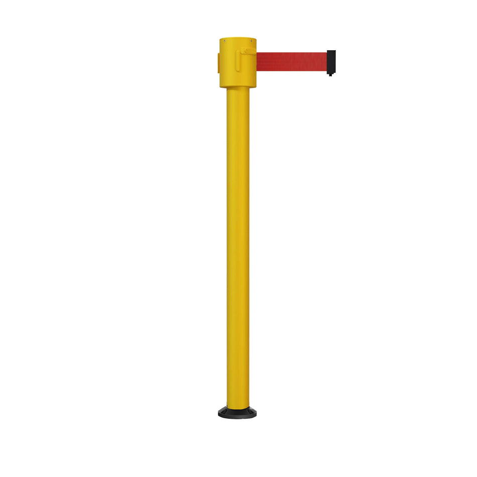 Retractable Belt Barrier Stanchion, Fixed Base, Yellow Post, 35 ft Belt - Montour Line MSX760F - Crowd Control Warehouse