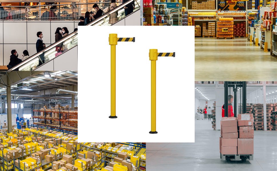 Retractable Belt Barrier Stanchion, Fixed Base, Yellow Post, 35 ft Belt - Montour Line MSX760F - Crowd Control Warehouse