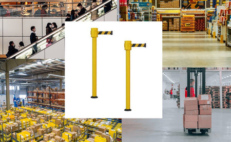 Retractable Belt Barrier Stanchion, Fixed Base, Yellow Post, 35 ft Belt - Montour Line MSX760F - Crowd Control Warehouse