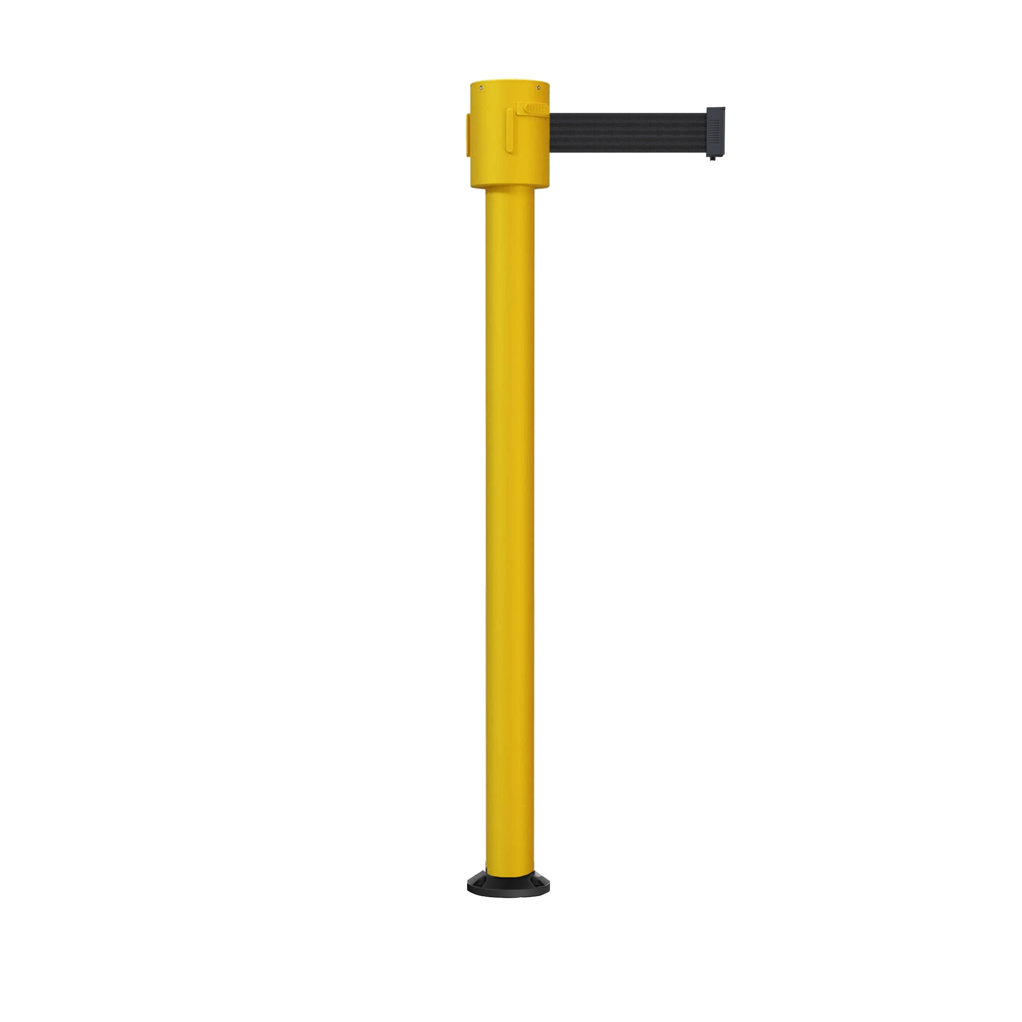 Retractable Belt Barrier Stanchion, Fixed Base, Yellow Post, 35 ft Belt - Montour Line MSX760F - Crowd Control Warehouse