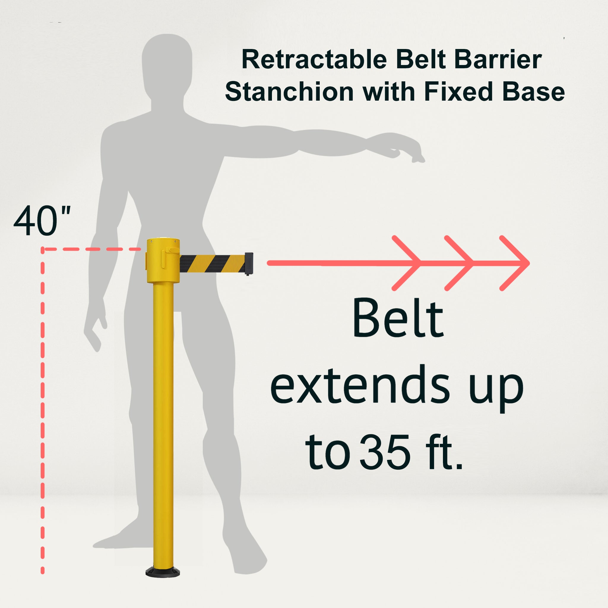 Retractable Belt Barrier Stanchion, Fixed Base, Yellow Post, 35 ft Belt - Montour Line MSX760F - Crowd Control Warehouse
