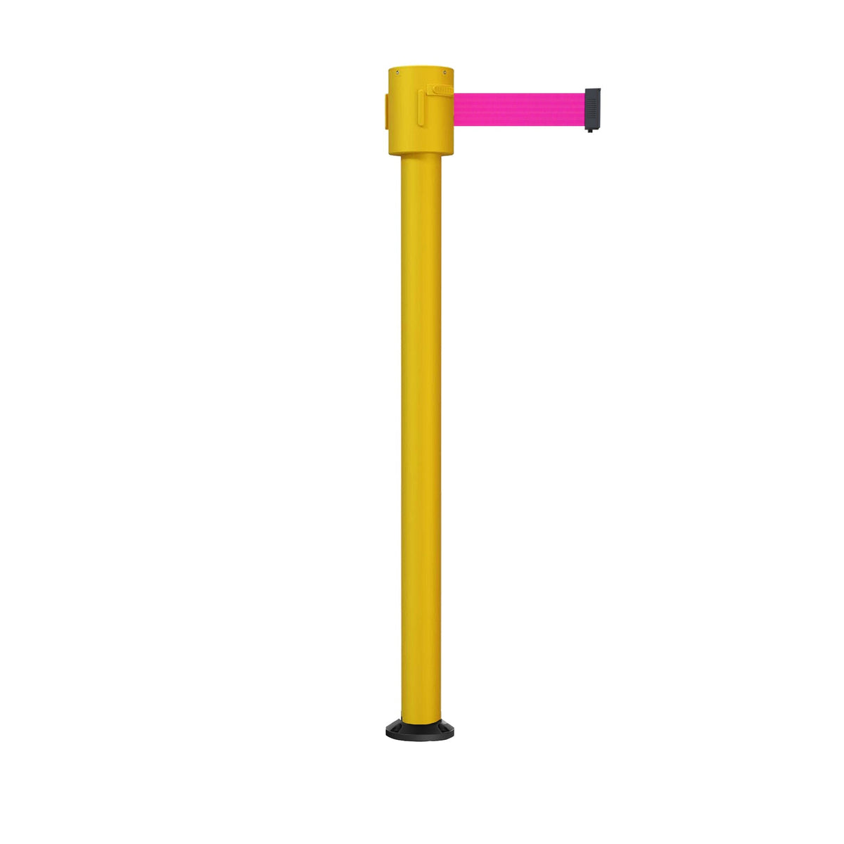 Retractable Belt Barrier Stanchion, Fixed Base, Yellow Post, 35 ft Belt - Montour Line MSX760F - Crowd Control Warehouse