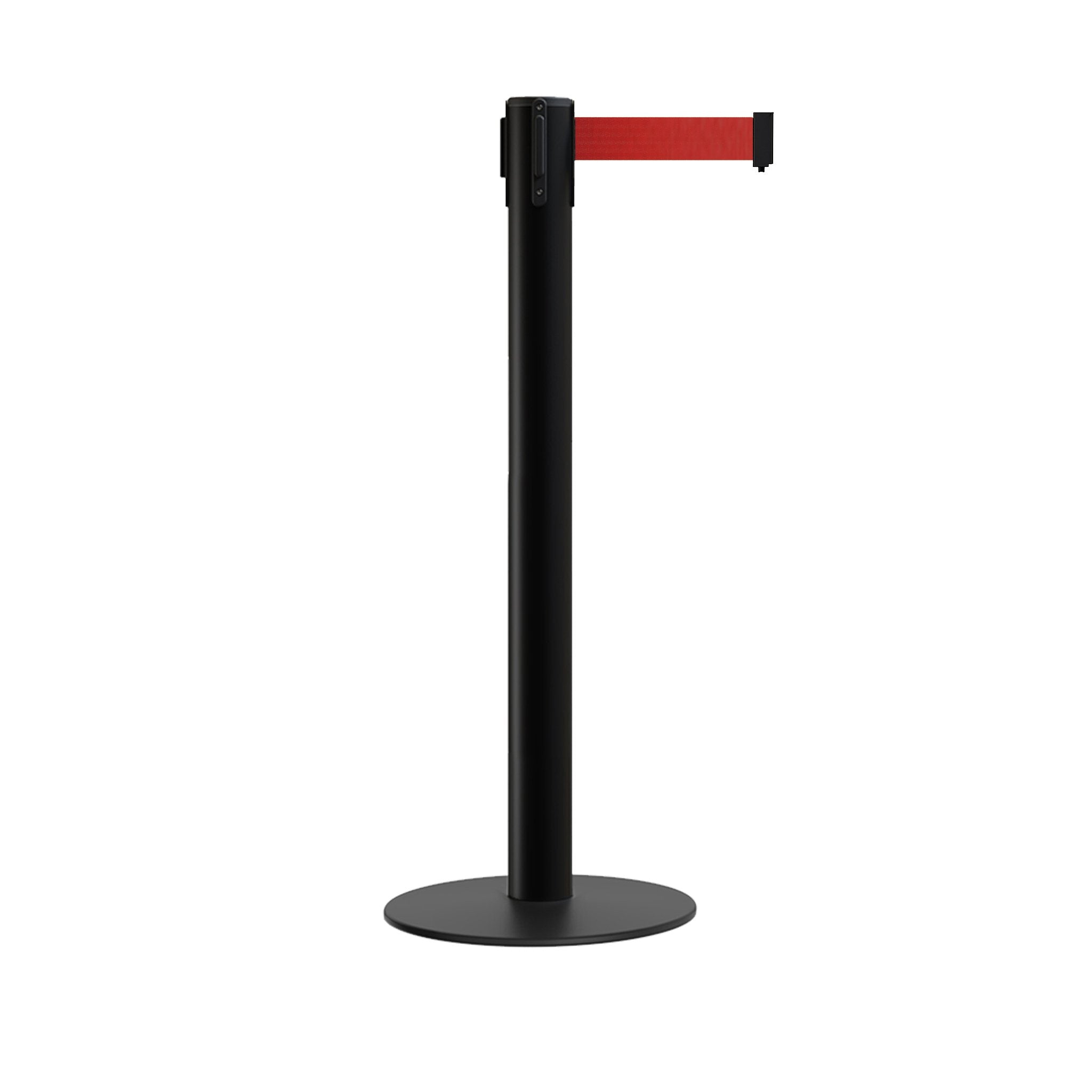 Retractable Belt Barrier Stanchion, Low Profile Steel Base, 14 or 16 Ft. Belt - Montour Line MX650 - Crowd Control Warehouse