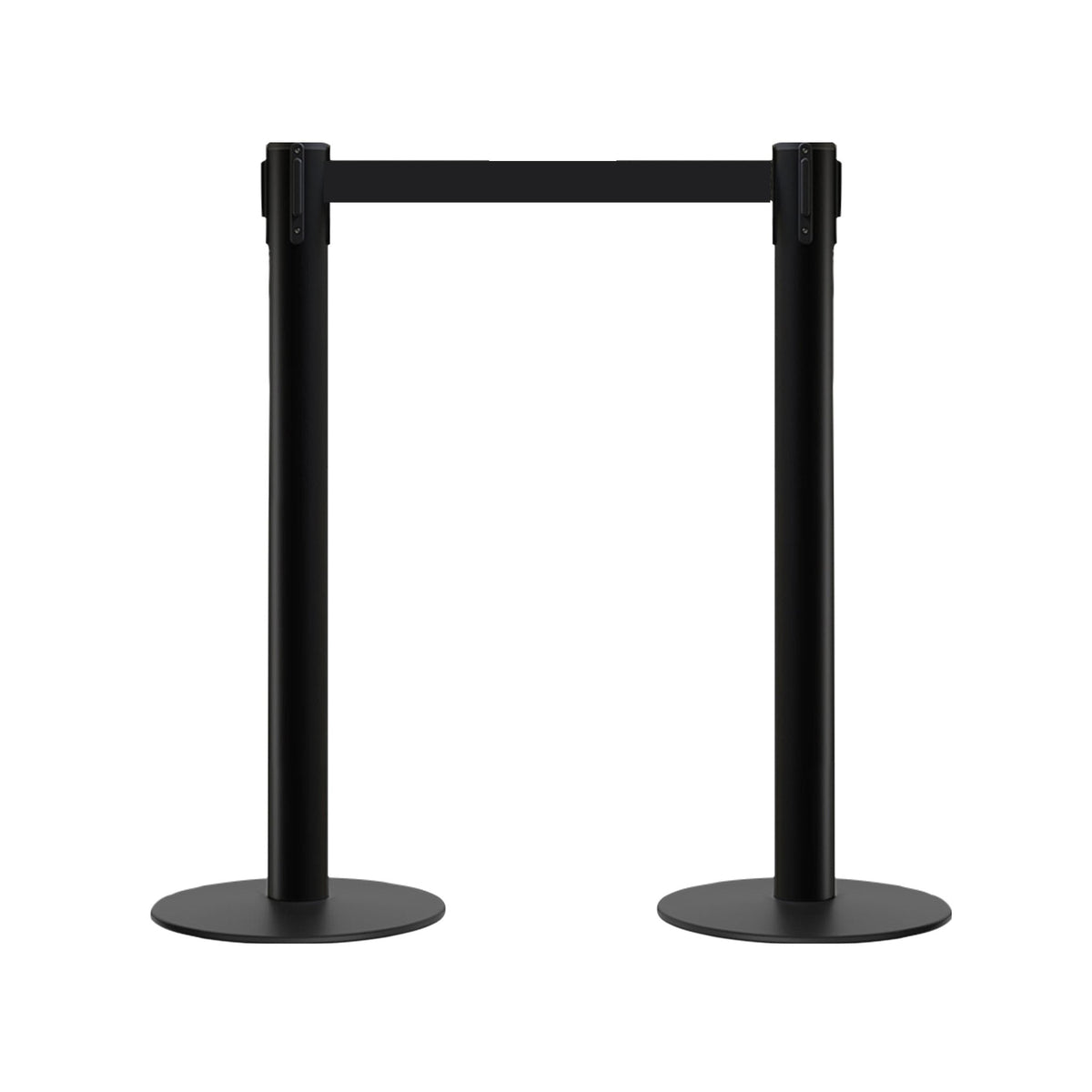 Retractable Belt Barrier Stanchion, Low Profile Steel Base, 14 or 16 Ft. Belt - Montour Line MX650 - Crowd Control Warehouse