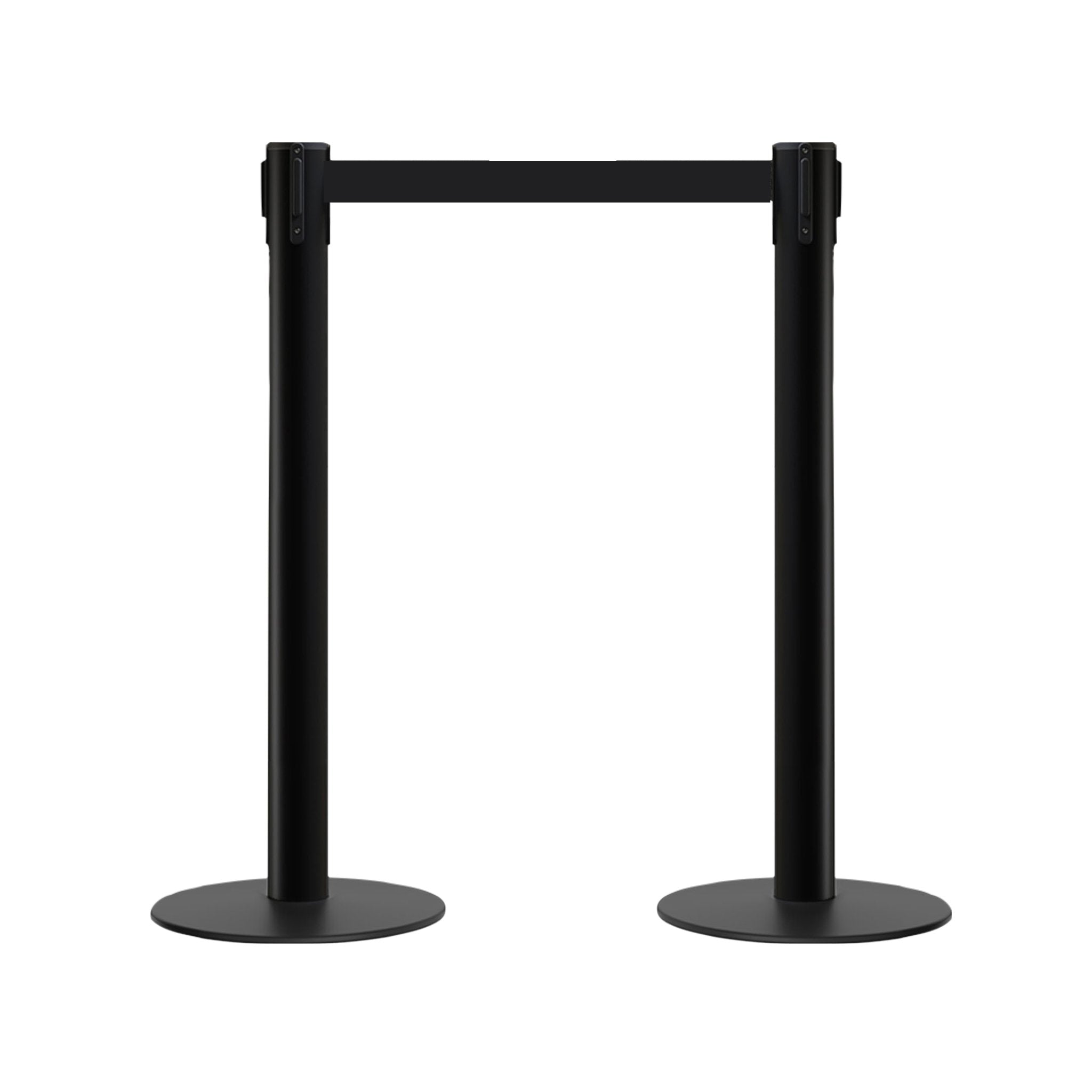 Retractable Belt Barrier Stanchion, Low Profile Steel Base, 14 or 16 Ft. Belt - Montour Line MX650 - Crowd Control Warehouse
