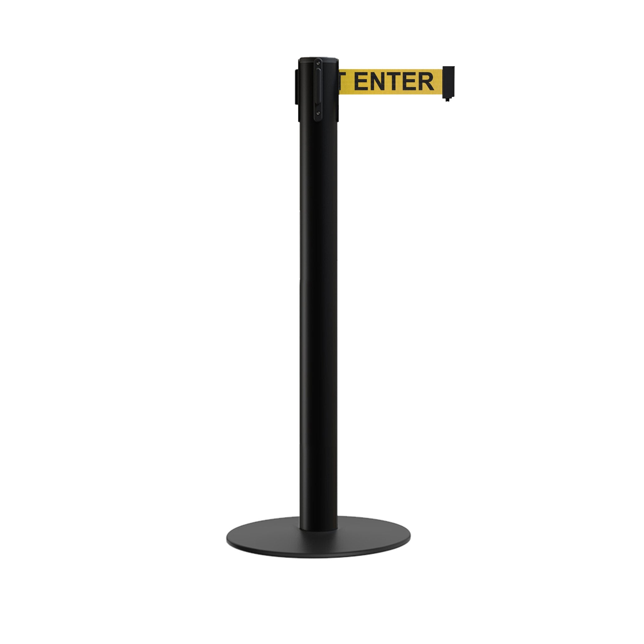 Retractable Belt Barrier Stanchion, Low Profile Steel Base, 14 or 16 Ft. Belt - Montour Line MX650 - Crowd Control Warehouse