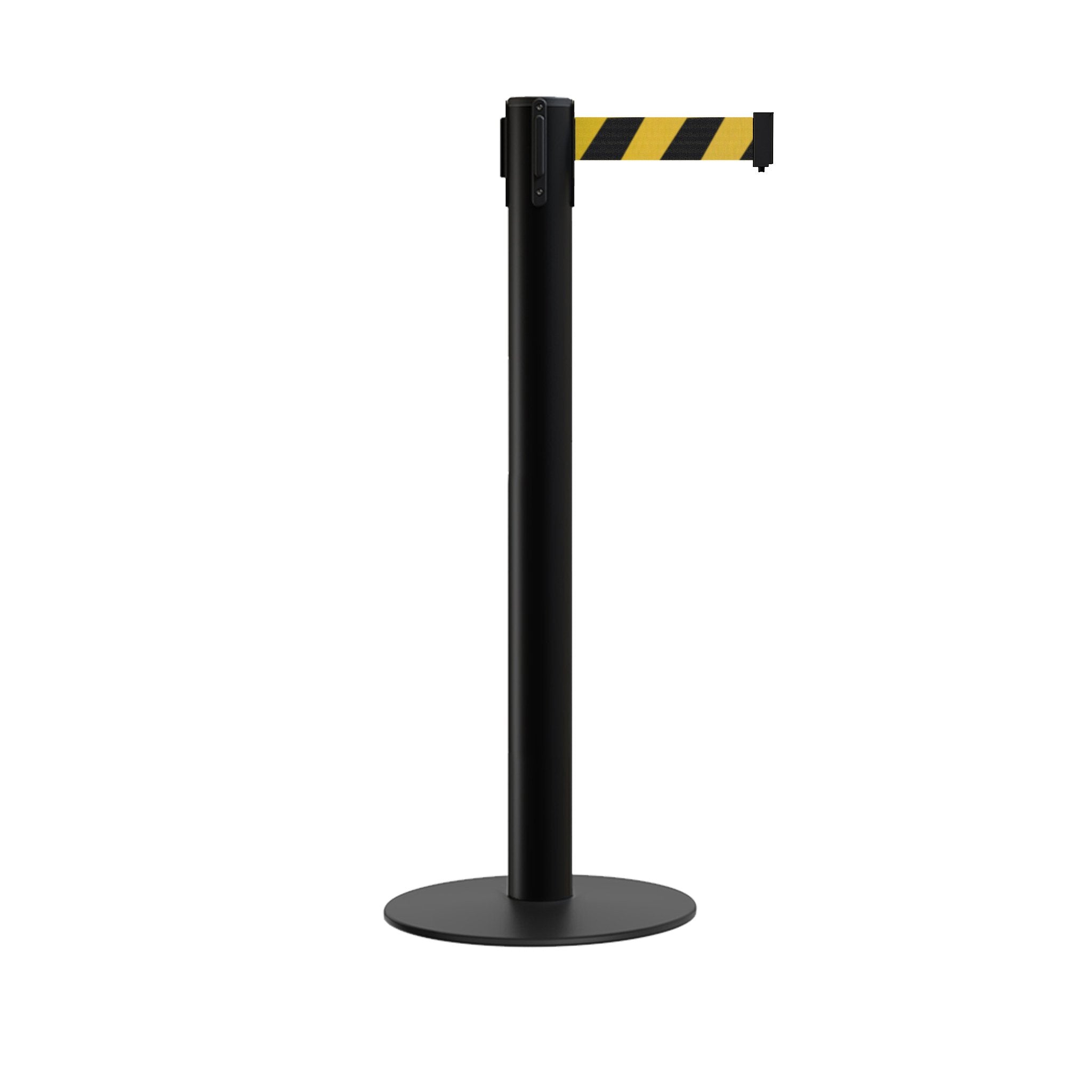 Retractable Belt Barrier Stanchion, Low Profile Steel Base, 14 or 16 Ft. Belt - Montour Line MX650 - Crowd Control Warehouse