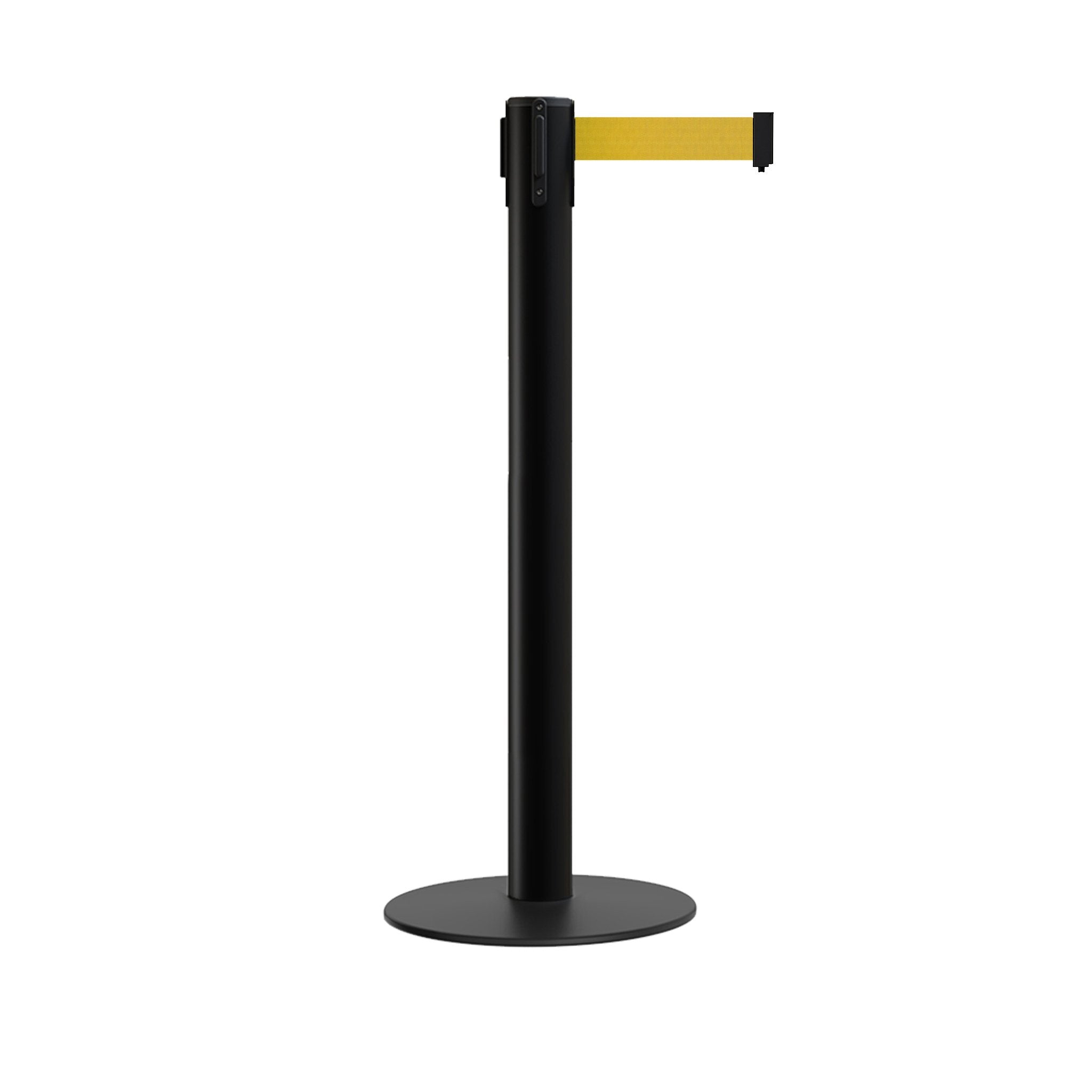 Retractable Belt Barrier Stanchion, Low Profile Steel Base, 14 or 16 Ft. Belt - Montour Line MX650 - Crowd Control Warehouse