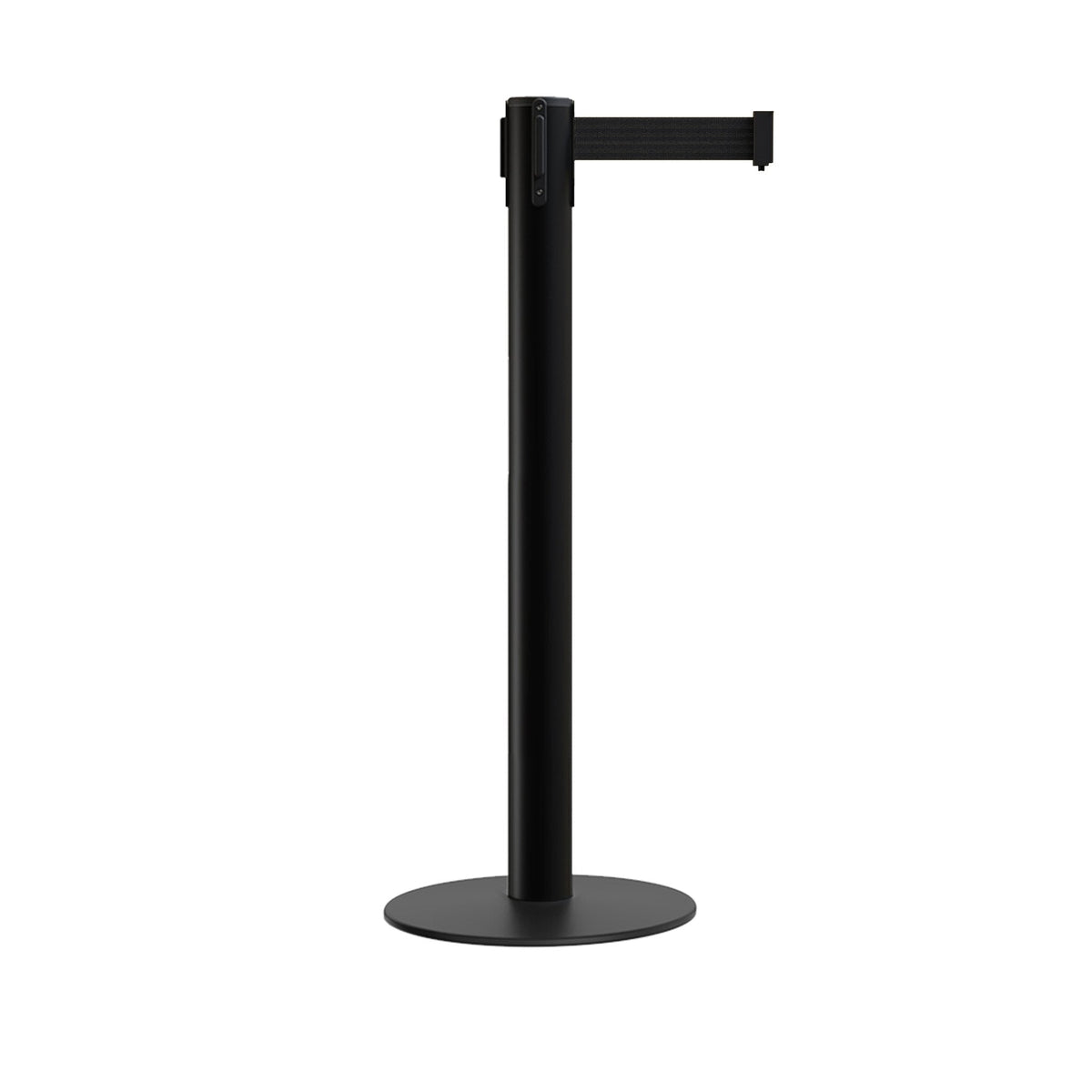 Retractable Belt Barrier Stanchion, Low Profile Steel Base, 14 or 16 Ft. Belt - Montour Line MX650 - Crowd Control Warehouse