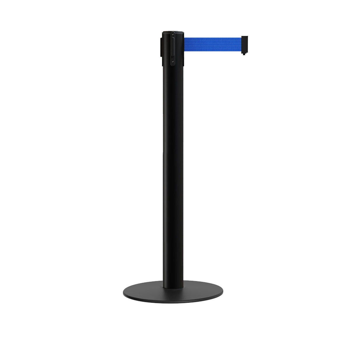 Retractable Belt Barrier Stanchion, Low Profile Steel Base, 14 or 16 Ft. Belt - Montour Line MX650 - Crowd Control Warehouse