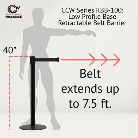 Retractable Belt Barrier Stanchion, Low Profile Steel Base, Black Post, 7.5 Ft. Belt - Montour Line MX630 - Crowd Control Warehouse