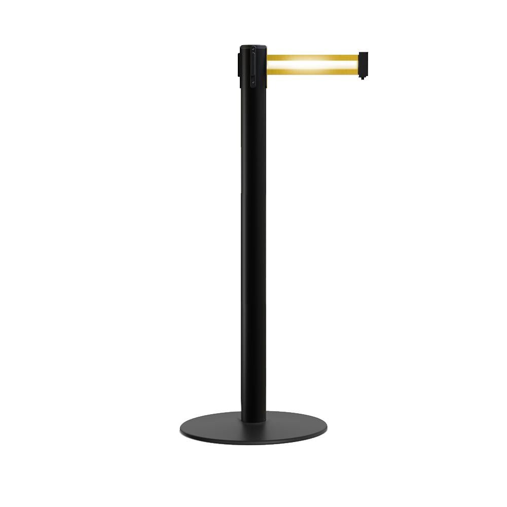 Retractable Belt Barrier Stanchion, Low Profile Steel Base, Black Post, 7.5 Ft. Belt - Montour Line MX630 - Crowd Control Warehouse