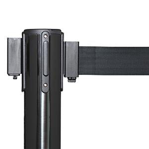 Retractable Belt Barrier Stanchion, Low Profile Steel Base, Black Post, 7.5 Ft. Belt - Montour Line MX630 - Crowd Control Warehouse