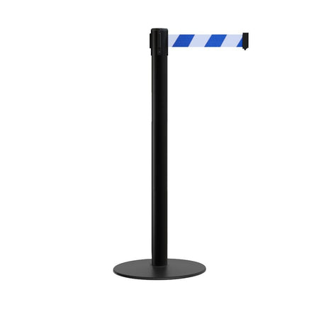 Retractable Belt Barrier Stanchion, Low Profile Steel Base, Black Post, 7.5 Ft. Belt - Montour Line MX630 - Crowd Control Warehouse
