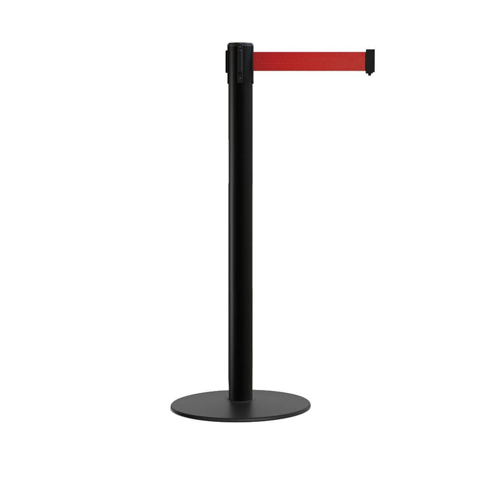 Retractable Belt Barrier Stanchion, Low Profile Steel Base, Black Post, 7.5 Ft. Belt - Montour Line MX630 - Crowd Control Warehouse