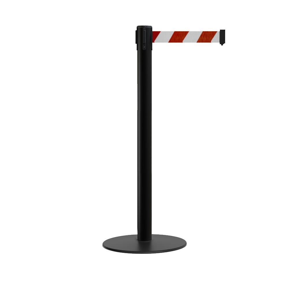 Retractable Belt Barrier Stanchion, Low Profile Steel Base, Black Post, 7.5 Ft. Belt - Montour Line MX630 - Crowd Control Warehouse