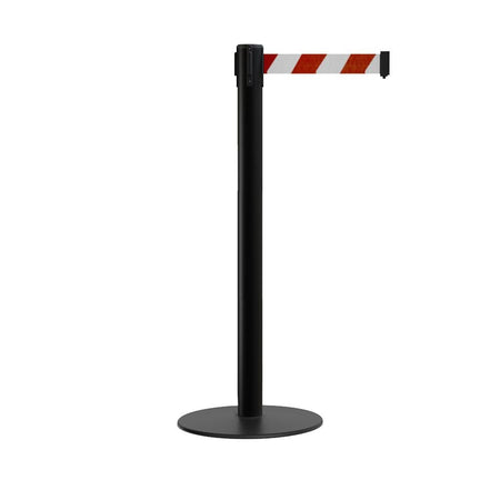 Retractable Belt Barrier Stanchion, Low Profile Steel Base, Black Post, 7.5 Ft. Belt - Montour Line MX630 - Crowd Control Warehouse