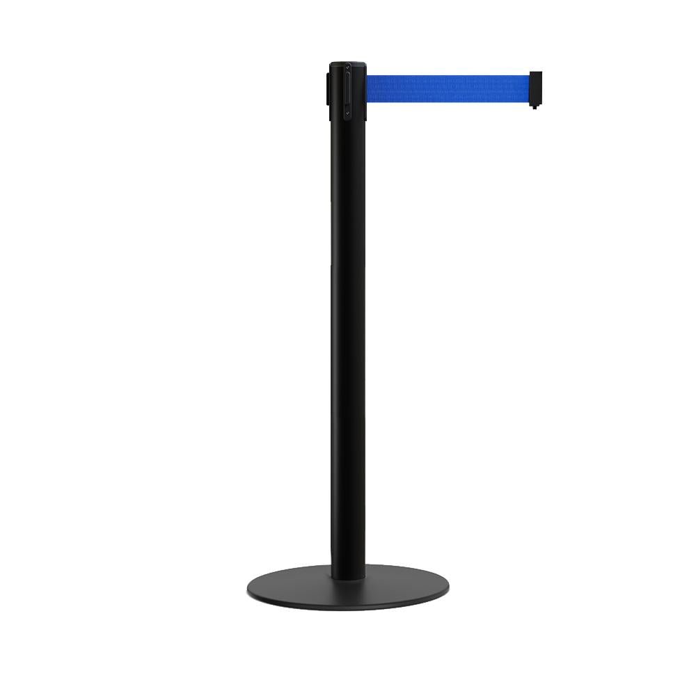 Retractable Belt Barrier Stanchion, Low Profile Steel Base, Black Post, 7.5 Ft. Belt - Montour Line MX630 - Crowd Control Warehouse