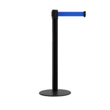 Retractable Belt Barrier Stanchion, Low Profile Steel Base, Black Post, 7.5 Ft. Belt - Montour Line MX630 - Crowd Control Warehouse