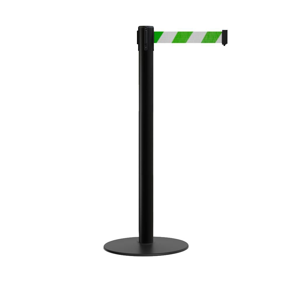 Retractable Belt Barrier Stanchion, Low Profile Steel Base, Black Post, 7.5 Ft. Belt - Montour Line MX630 - Crowd Control Warehouse