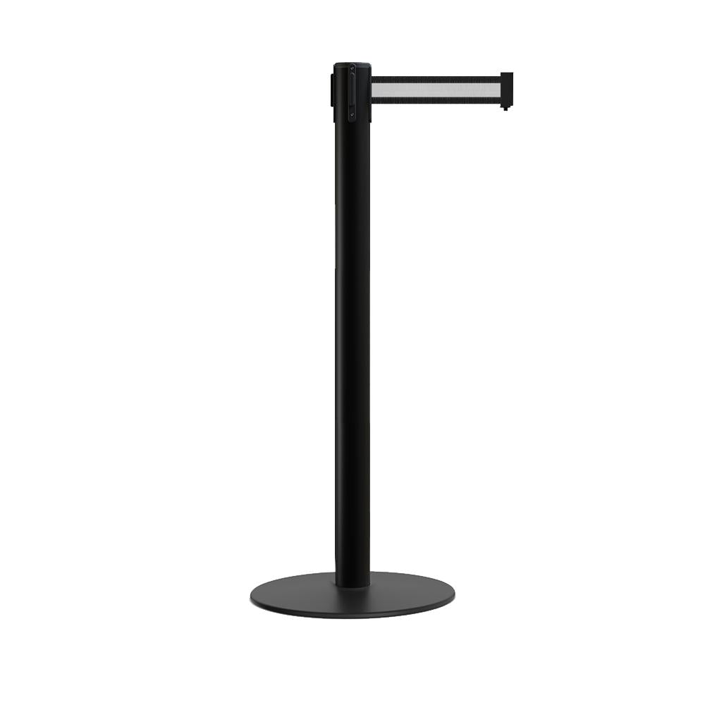 Retractable Belt Barrier Stanchion, Low Profile Steel Base, Black Post, 7.5 Ft. Belt - Montour Line MX630 - Crowd Control Warehouse
