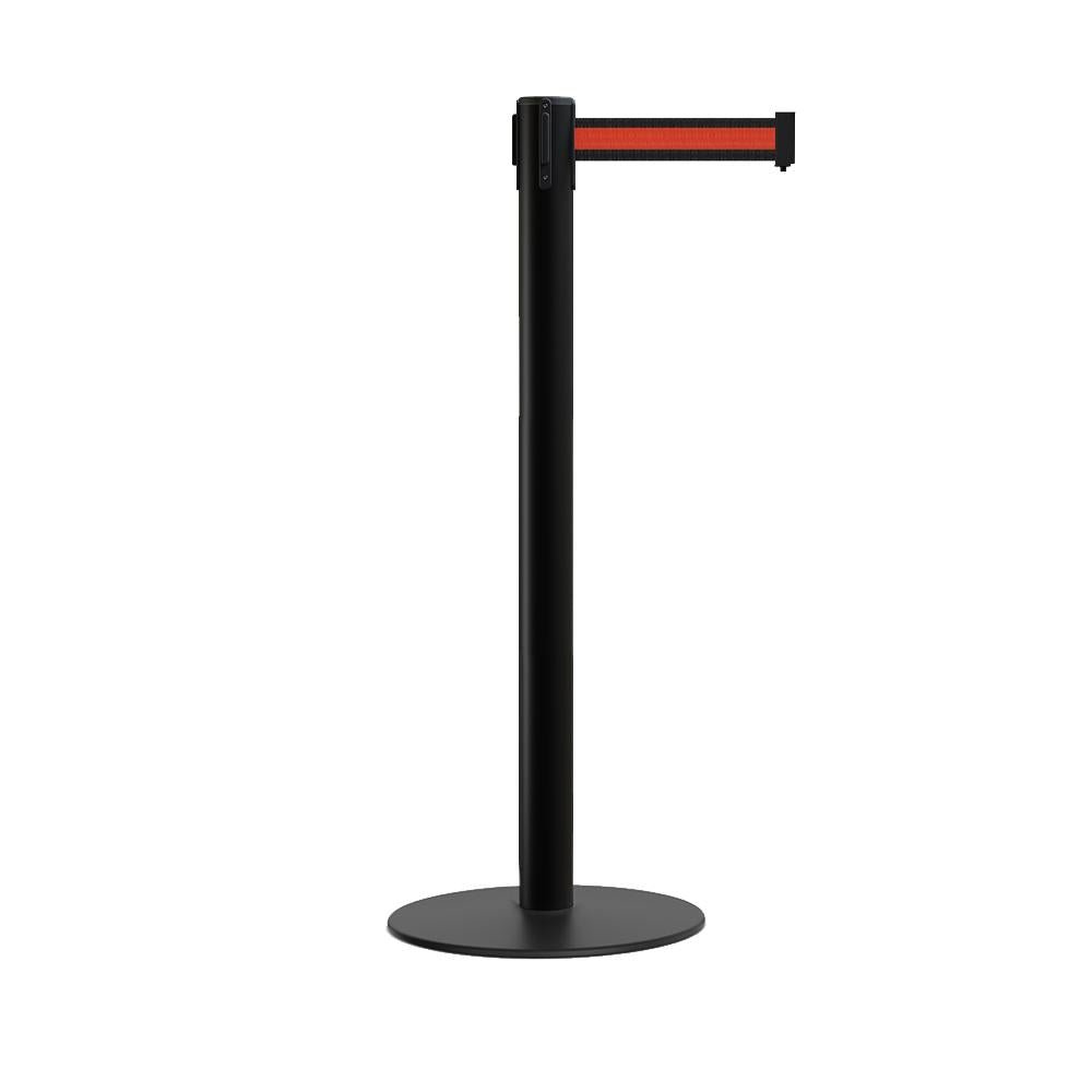 Retractable Belt Barrier Stanchion, Low Profile Steel Base, Black Post, 7.5 Ft. Belt - Montour Line MX630 - Crowd Control Warehouse