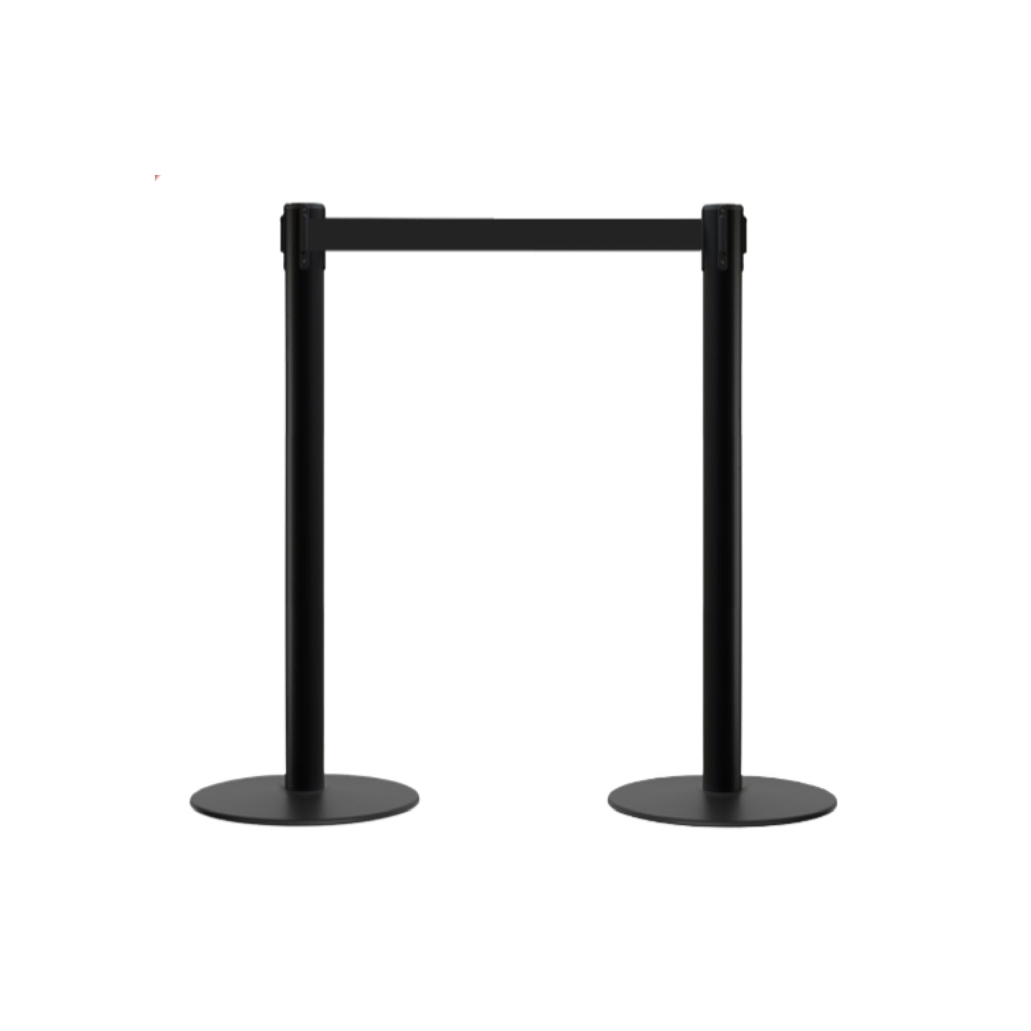 Retractable Belt Barrier Stanchion, Low Profile Steel Base, Black Post, 7.5 Ft. Belt - Montour Line MX630 - Crowd Control Warehouse