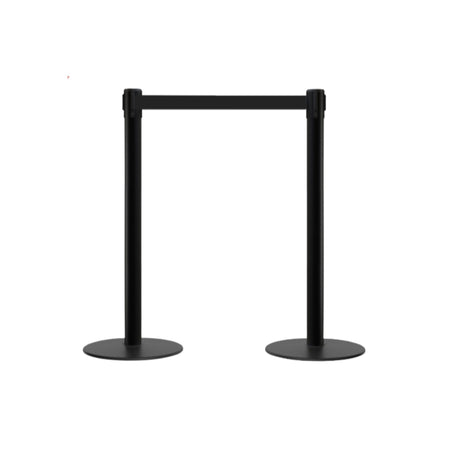 Retractable Belt Barrier Stanchion, Low Profile Steel Base, Black Post, 7.5 Ft. Belt - Montour Line MX630 - Crowd Control Warehouse