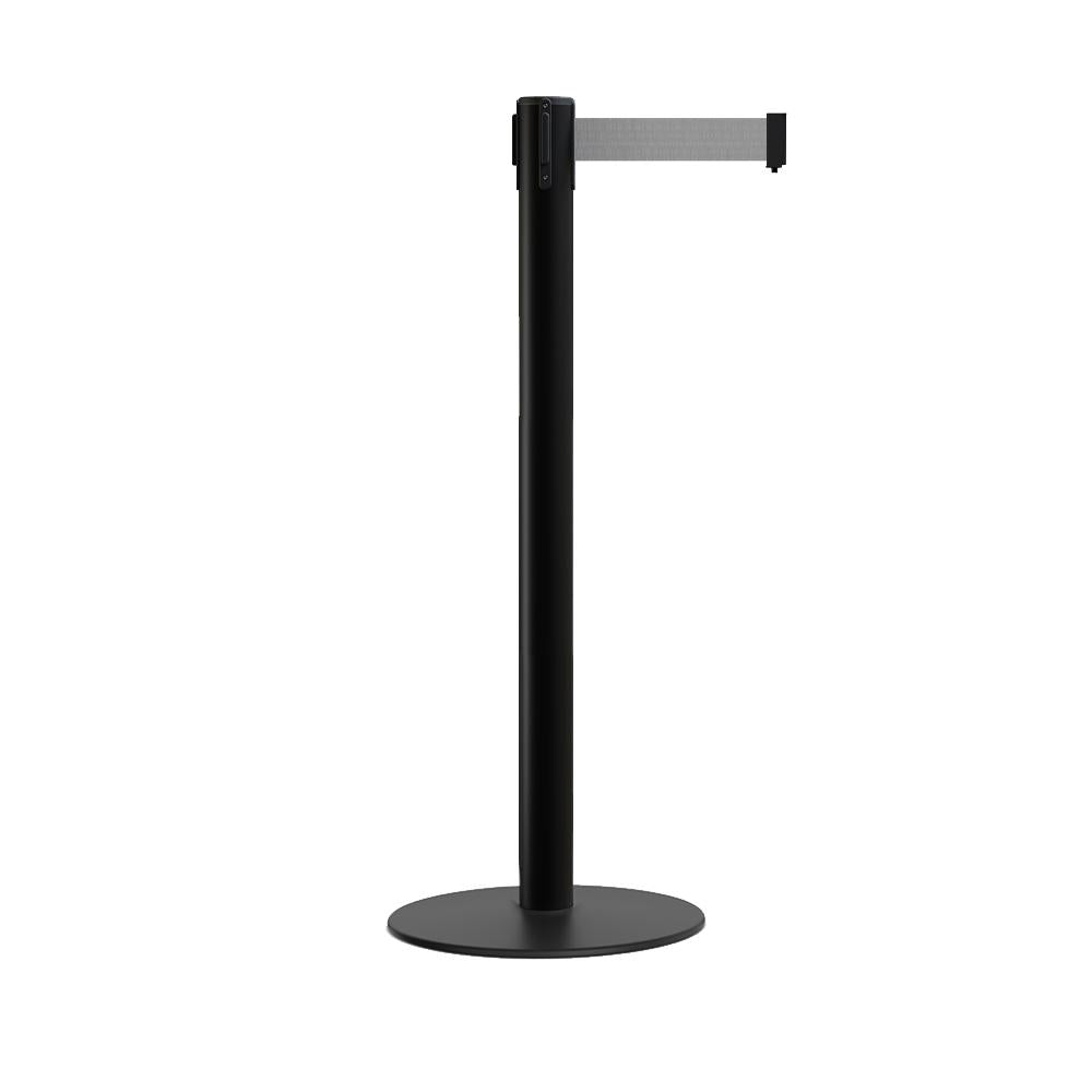 Retractable Belt Barrier Stanchion, Low Profile Steel Base, Black Post, 9 Ft. Belt - Montour Line MX630 - Crowd Control Warehouse