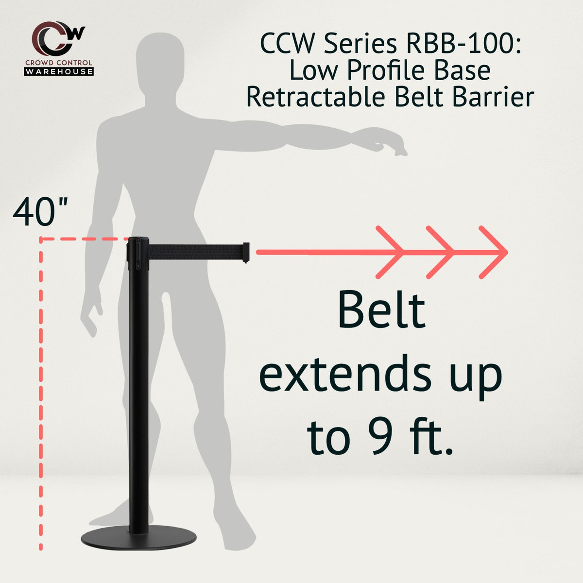 Retractable Belt Barrier Stanchion, Low Profile Steel Base, Black Post, 9 Ft. Belt - Montour Line MX630 - Crowd Control Warehouse