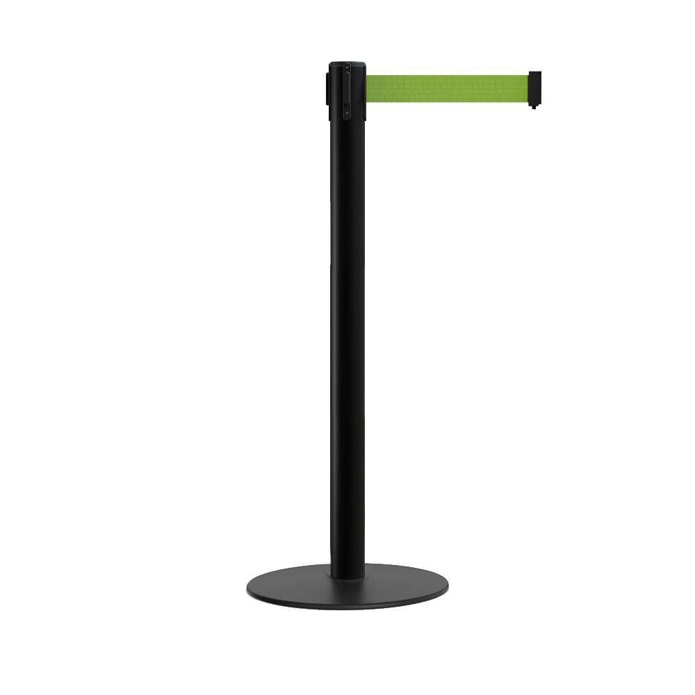 Retractable Belt Barrier Stanchion, Low Profile Steel Base, Black Post, 9 Ft. Belt - Montour Line MX630 - Crowd Control Warehouse