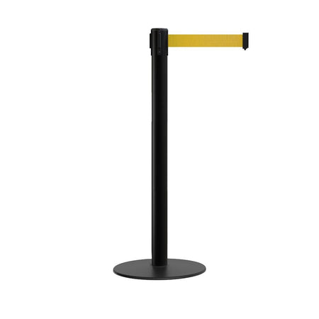Retractable Belt Barrier Stanchion, Low Profile Steel Base, Black Post, 9 Ft. Belt - Montour Line MX630 - Crowd Control Warehouse