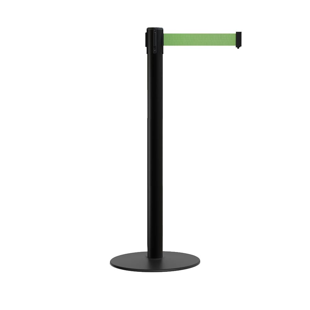Retractable Belt Barrier Stanchion, Low Profile Steel Base, Black Post, 9 Ft. Belt - Montour Line MX630 - Crowd Control Warehouse