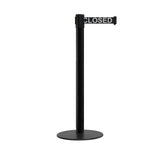 Retractable Belt Barrier Stanchion, Low Profile Steel Base, Black Post, 9 Ft. Belt - Montour Line MX630 - Crowd Control Warehouse
