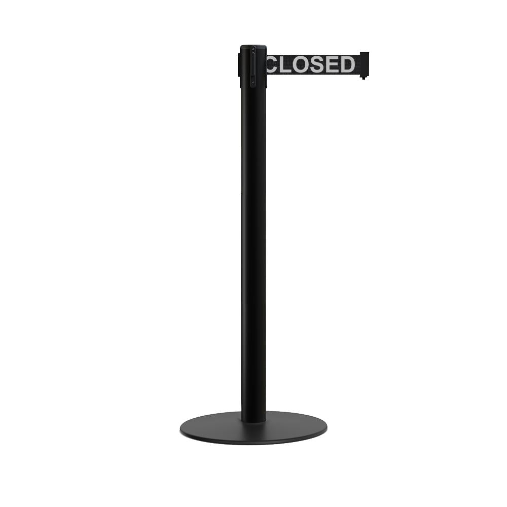 Retractable Belt Barrier Stanchion, Low Profile Steel Base, Black Post, 9 Ft. Belt - Montour Line MX630 - Crowd Control Warehouse