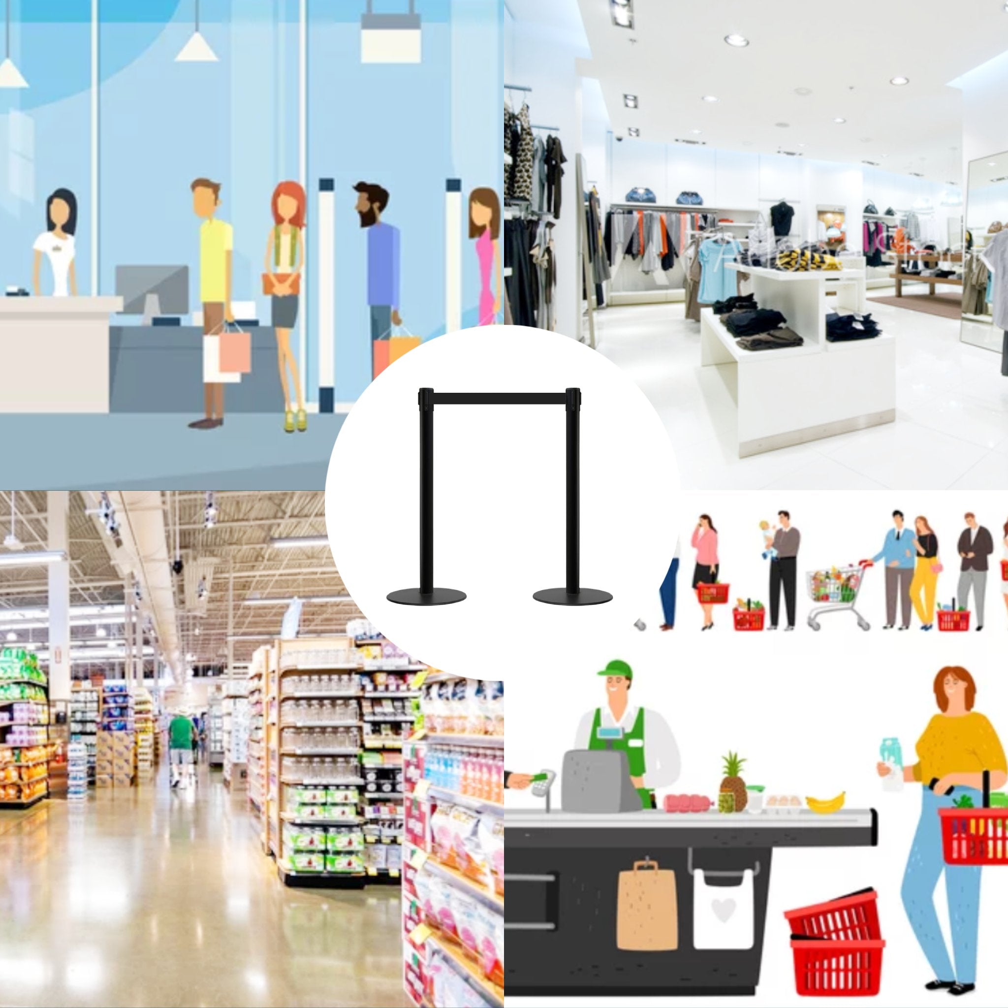 Retractable Belt Barrier Stanchion, Low Profile Steel Base, Black Post, 9 Ft. Belt - Montour Line MX630 - Crowd Control Warehouse