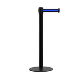 Retractable Belt Barrier Stanchion, Low Profile Steel Base, Black Post, 9 Ft. Belt - Montour Line MX630 - Crowd Control Warehouse