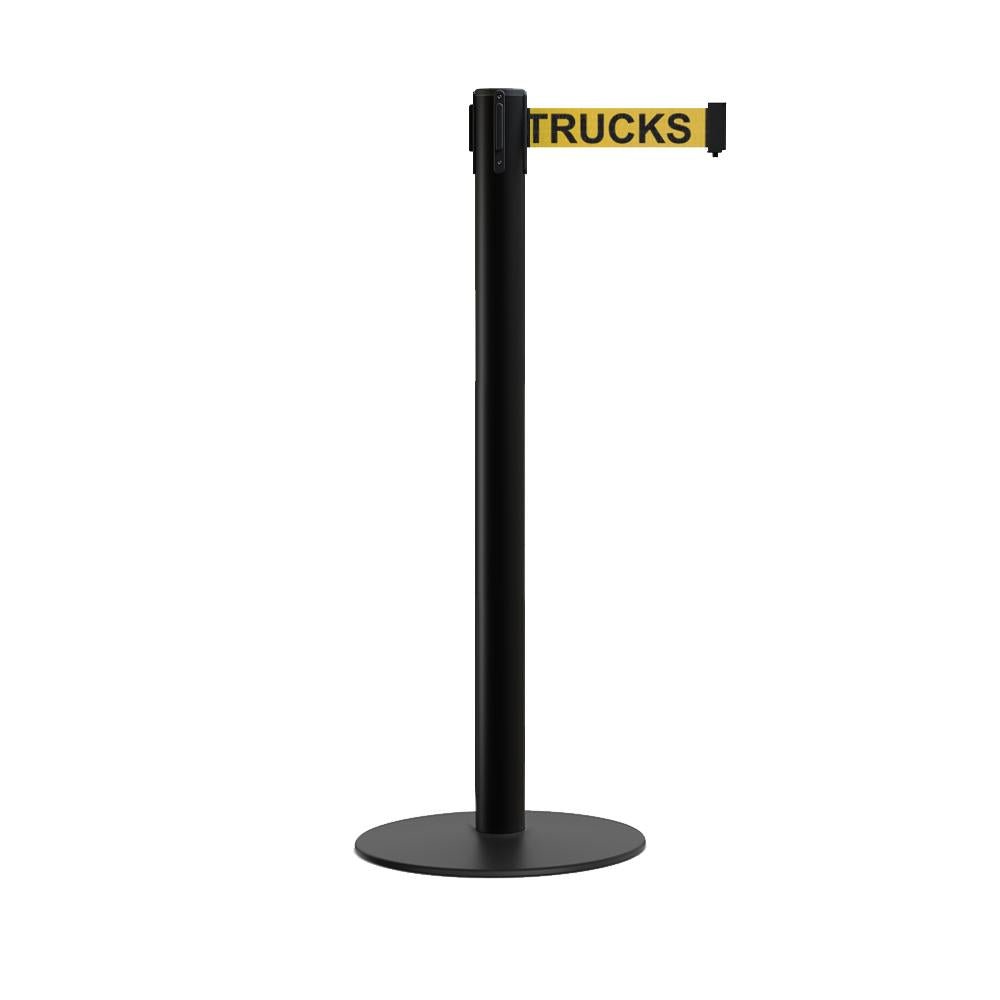 Retractable Belt Barrier Stanchion, Low Profile Steel Base, Black Post, 9 Ft. Belt - Montour Line MX630 - Crowd Control Warehouse