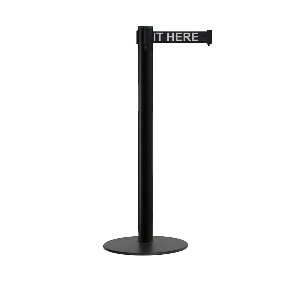 Retractable Belt Barrier Stanchion, Low Profile Steel Base, Black Post, 9 Ft. Belt - Montour Line MX630 - Crowd Control Warehouse