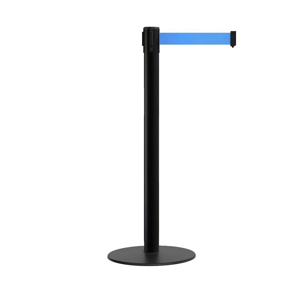 Retractable Belt Barrier Stanchion, Low Profile Steel Base, Black Post, 9 Ft. Belt - Montour Line MX630 - Crowd Control Warehouse