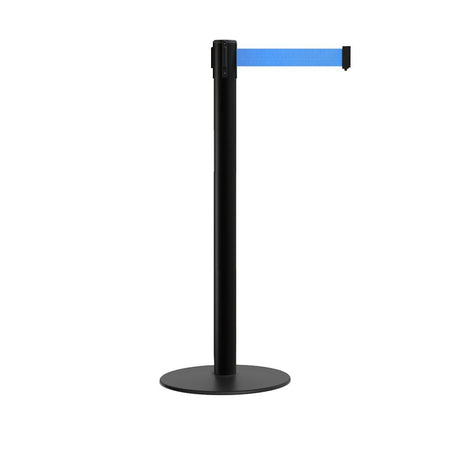 Retractable Belt Barrier Stanchion, Low Profile Steel Base, Black Post, 9 Ft. Belt - Montour Line MX630 - Crowd Control Warehouse