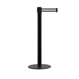 Retractable Belt Barrier Stanchion, Low Profile Steel Base, Black Post, 9 Ft. Belt - Montour Line MX630 - Crowd Control Warehouse