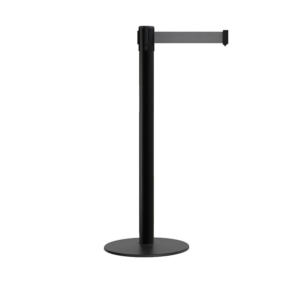 Retractable Belt Barrier Stanchion, Low Profile Steel Base, Black Post, 9 Ft. Belt - Montour Line MX630 - Crowd Control Warehouse