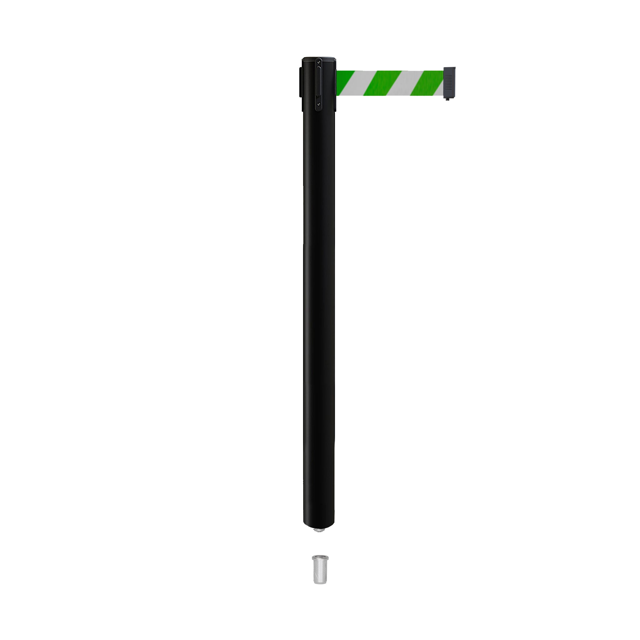 Retractable Belt Barrier Stanchion, Mini Socket Base, Black Post, 11 ft Belt - Montour Line MX630SK - Crowd Control Warehouse