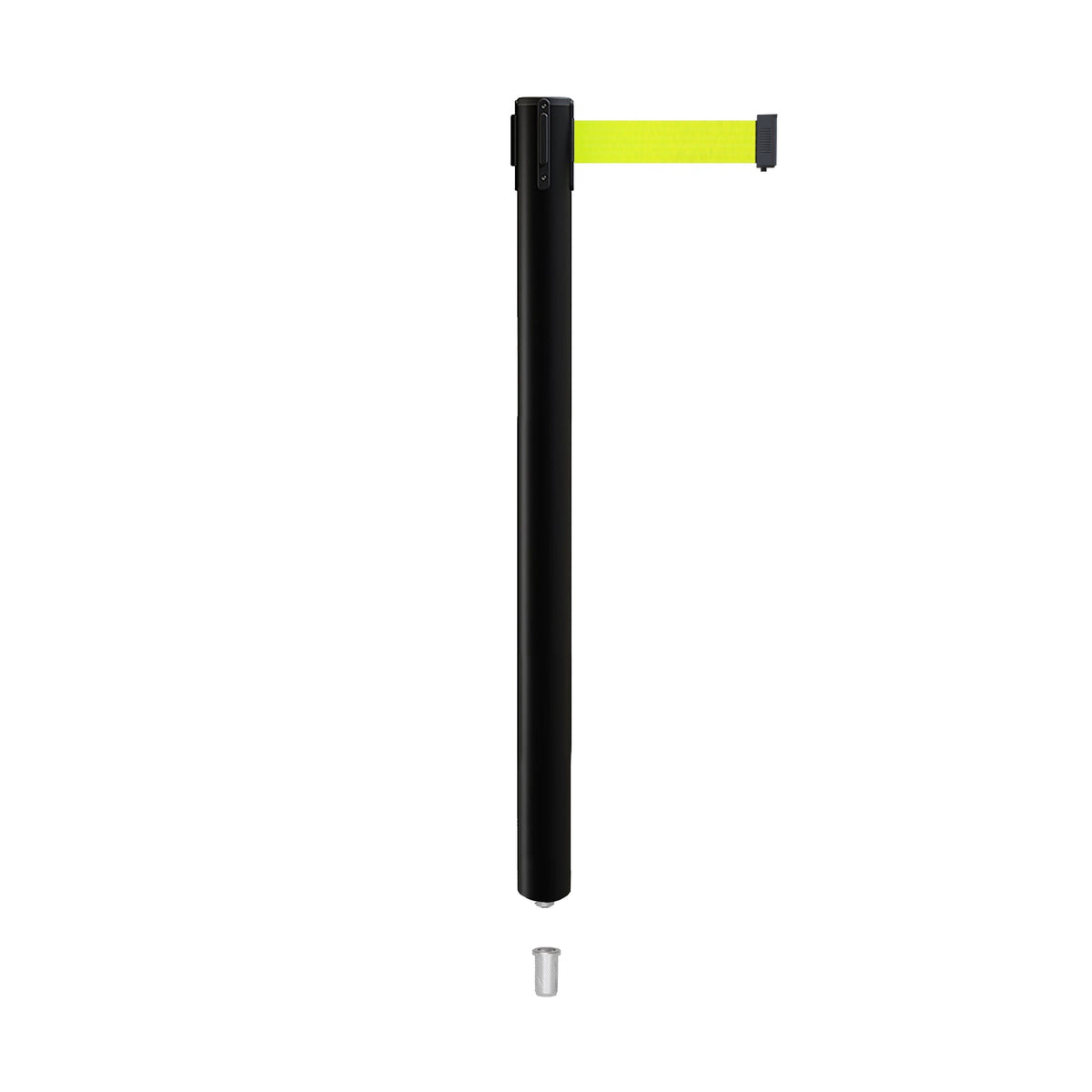 Retractable Belt Barrier Stanchion, Mini Socket Base, Black Post, 11 ft Belt - Montour Line MX630SK - Crowd Control Warehouse
