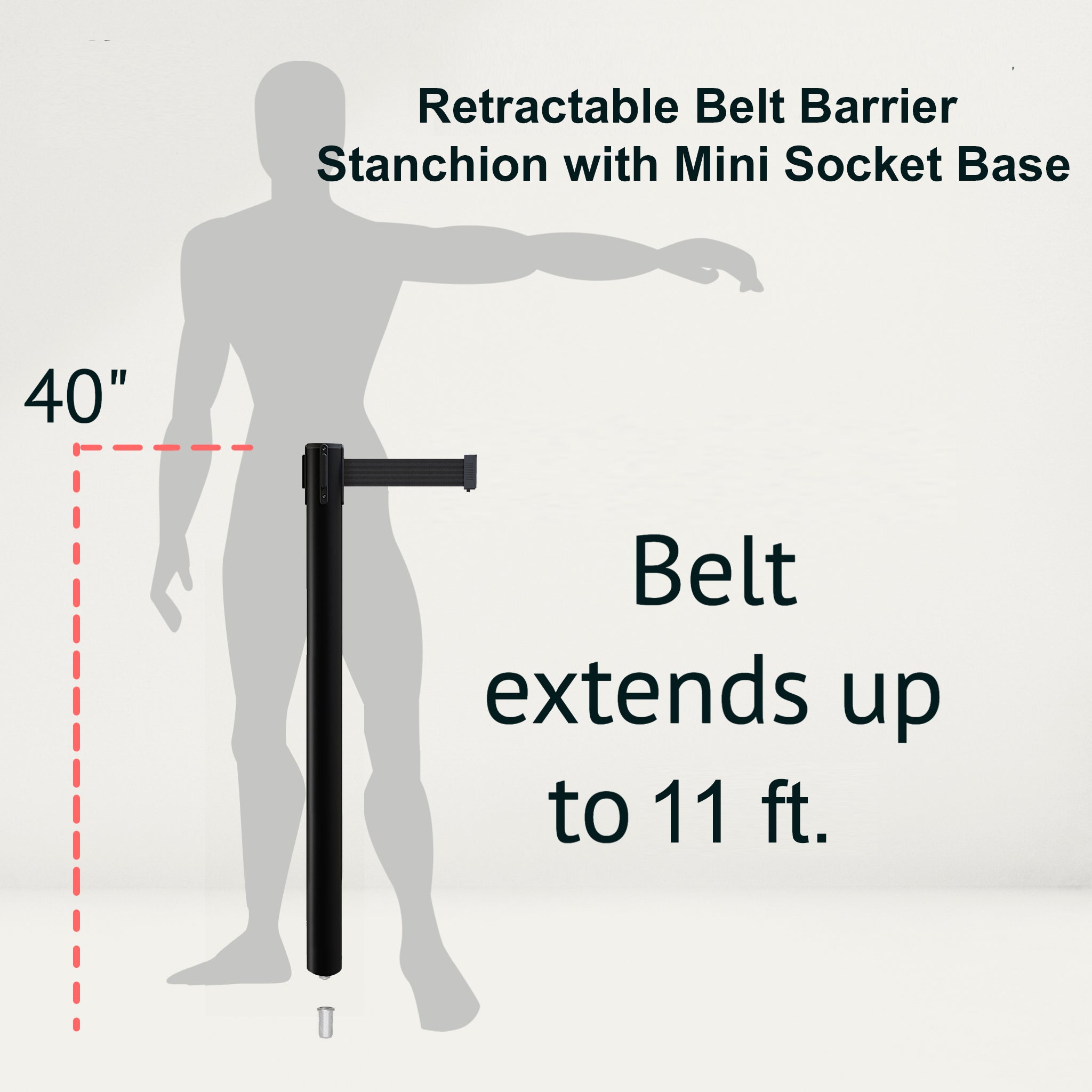 Retractable Belt Barrier Stanchion, Mini Socket Base, Black Post, 11 ft Belt - Montour Line MX630SK - Crowd Control Warehouse