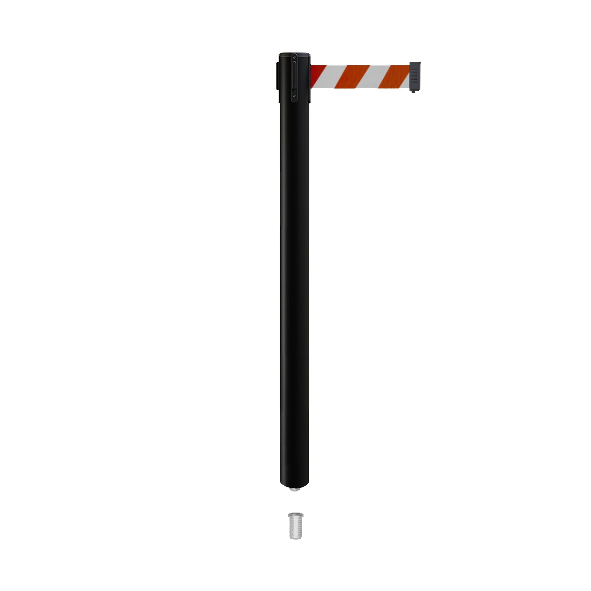 Retractable Belt Barrier Stanchion, Mini Socket Base, Black Post, 13 ft Belt - Montour Line MX630SK - Crowd Control Warehouse
