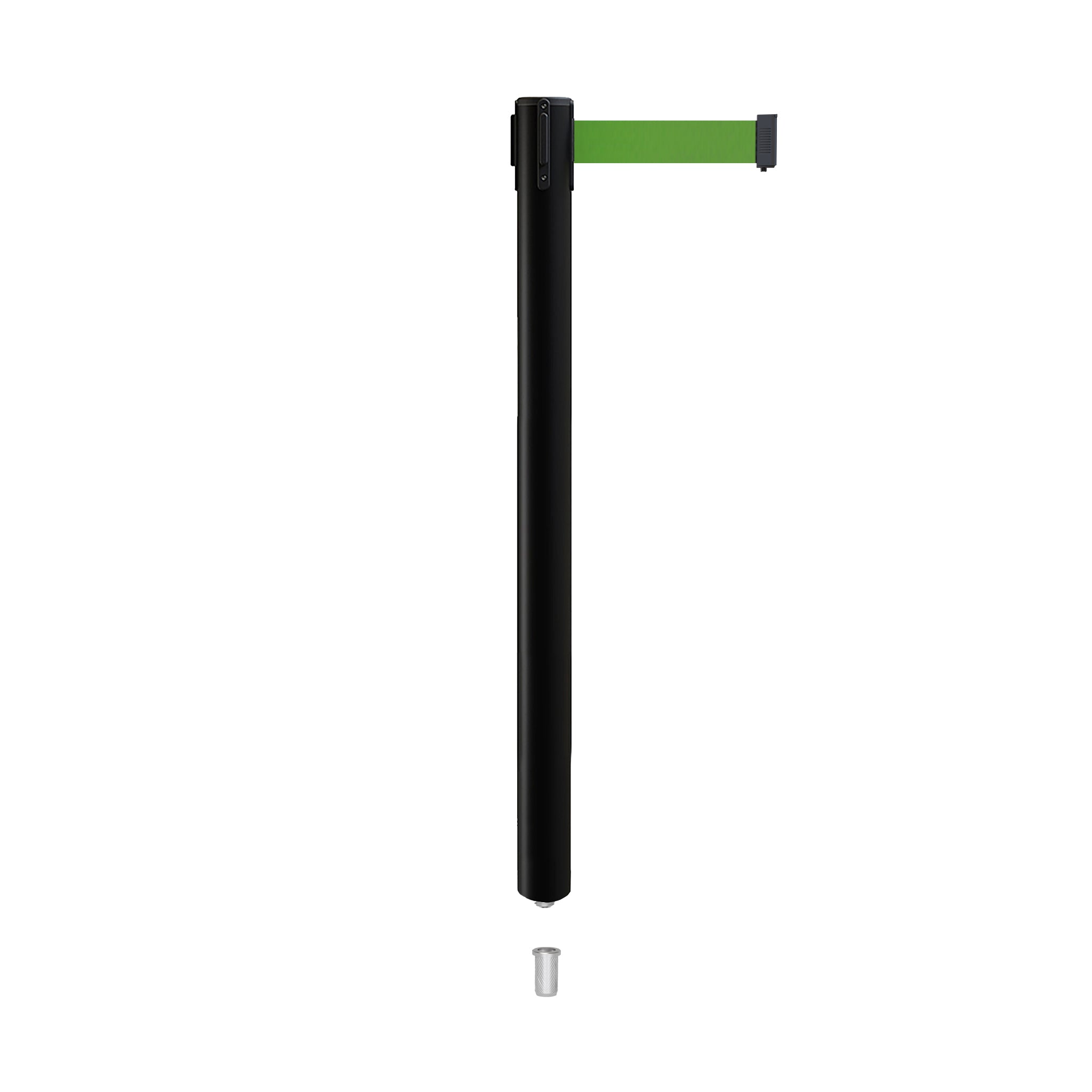 Retractable Belt Barrier Stanchion, Mini Socket Base, Black Post, 9 ft Belt - Montour Line MX630SK - Crowd Control Warehouse